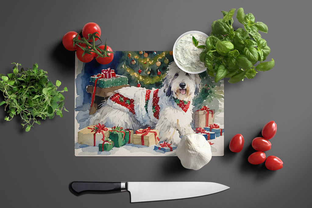 Old English Sheepdog Cozy Christmas Cutting Board Tempered Glass Kitchen Cutting Surface, Heat Resistant Chopping, Non-Slip Feet, Food Prep & Serving