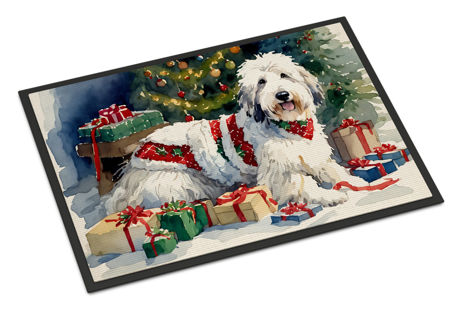 Old English Sheepdog Cozy Christmas Doormat Indoor Outdoor 18H X 27W Front Door Mat Rugs for Entryway, Non Slip Washable