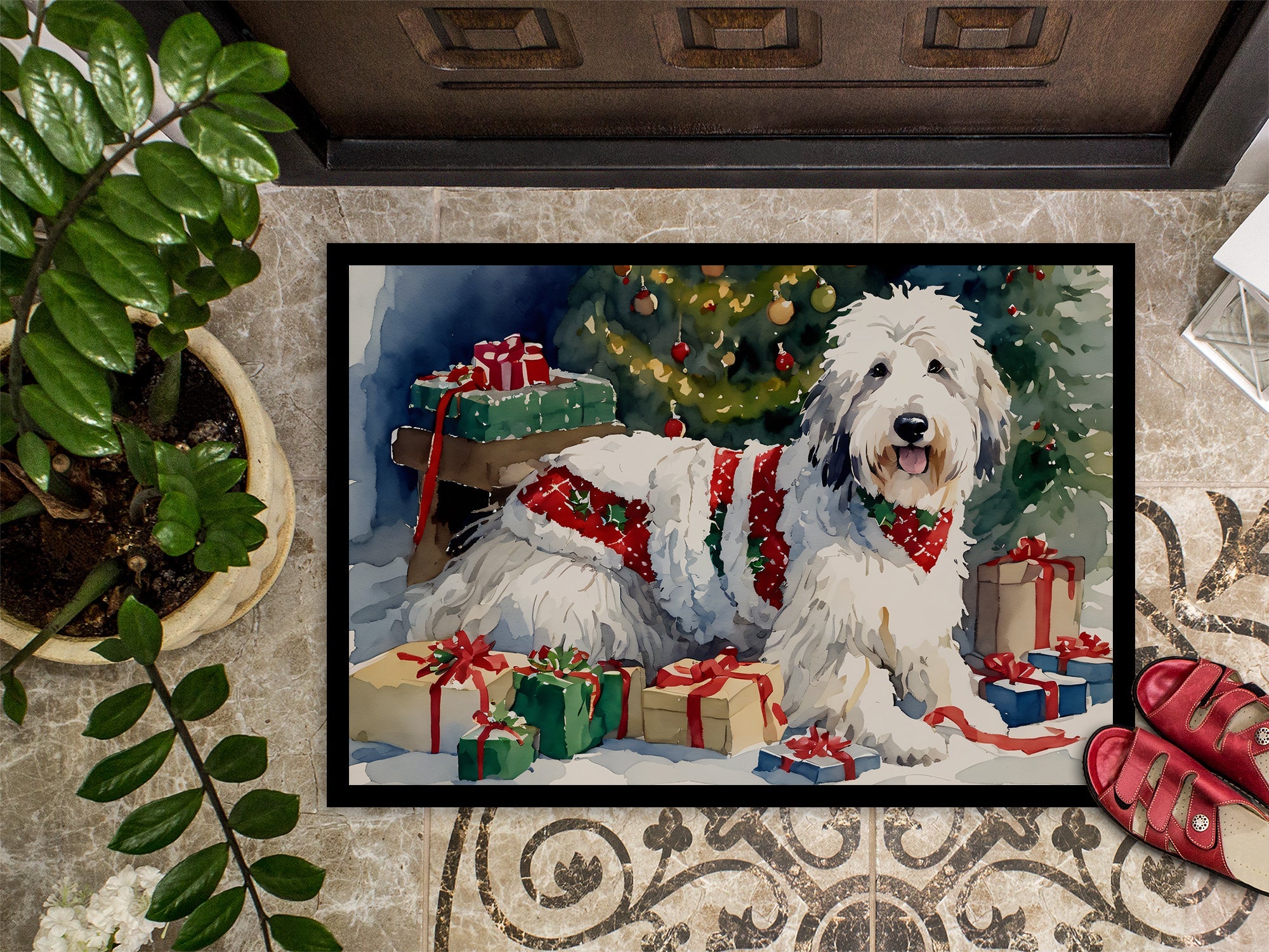Old English Sheepdog Cozy Christmas Doormat Indoor Outdoor 18H X 27W Front Door Mat Rugs for Entryway, Non Slip Washable