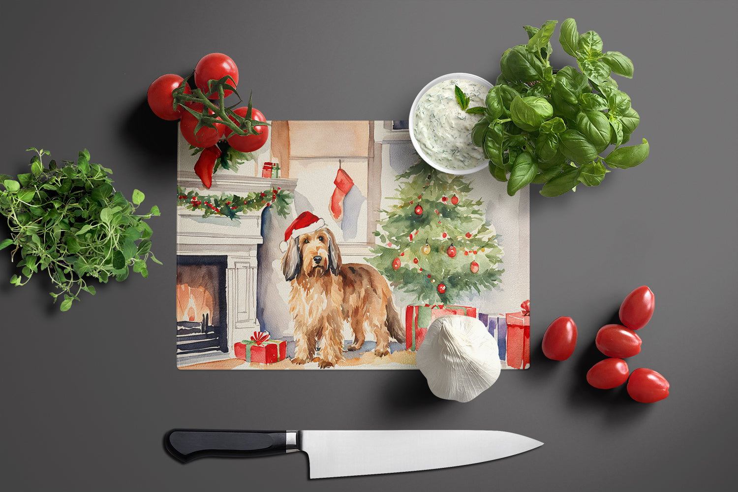Otterhound Cozy Christmas Cutting Board Tempered Glass Kitchen Cutting Surface, Heat Resistant Chopping, Non-Slip Feet, Food Prep & Serving