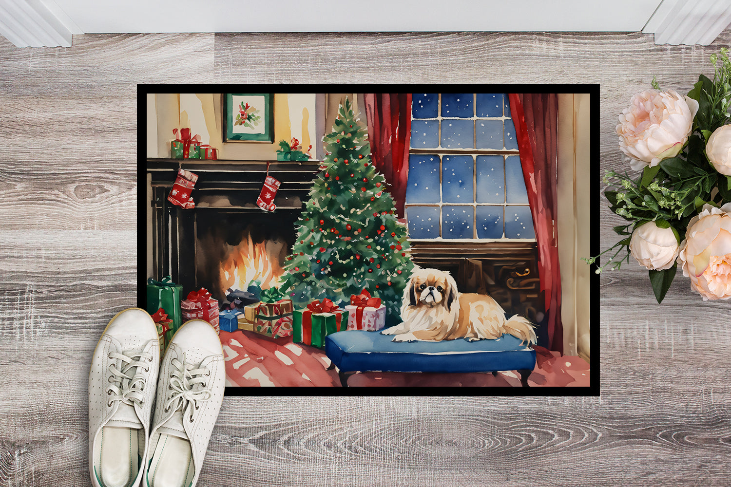 Pekingese Cozy Christmas Doormat Indoor Outdoor 24H X 36W Front Door Mat Rugs for Entryway, Non Slip Washable Low Pile,