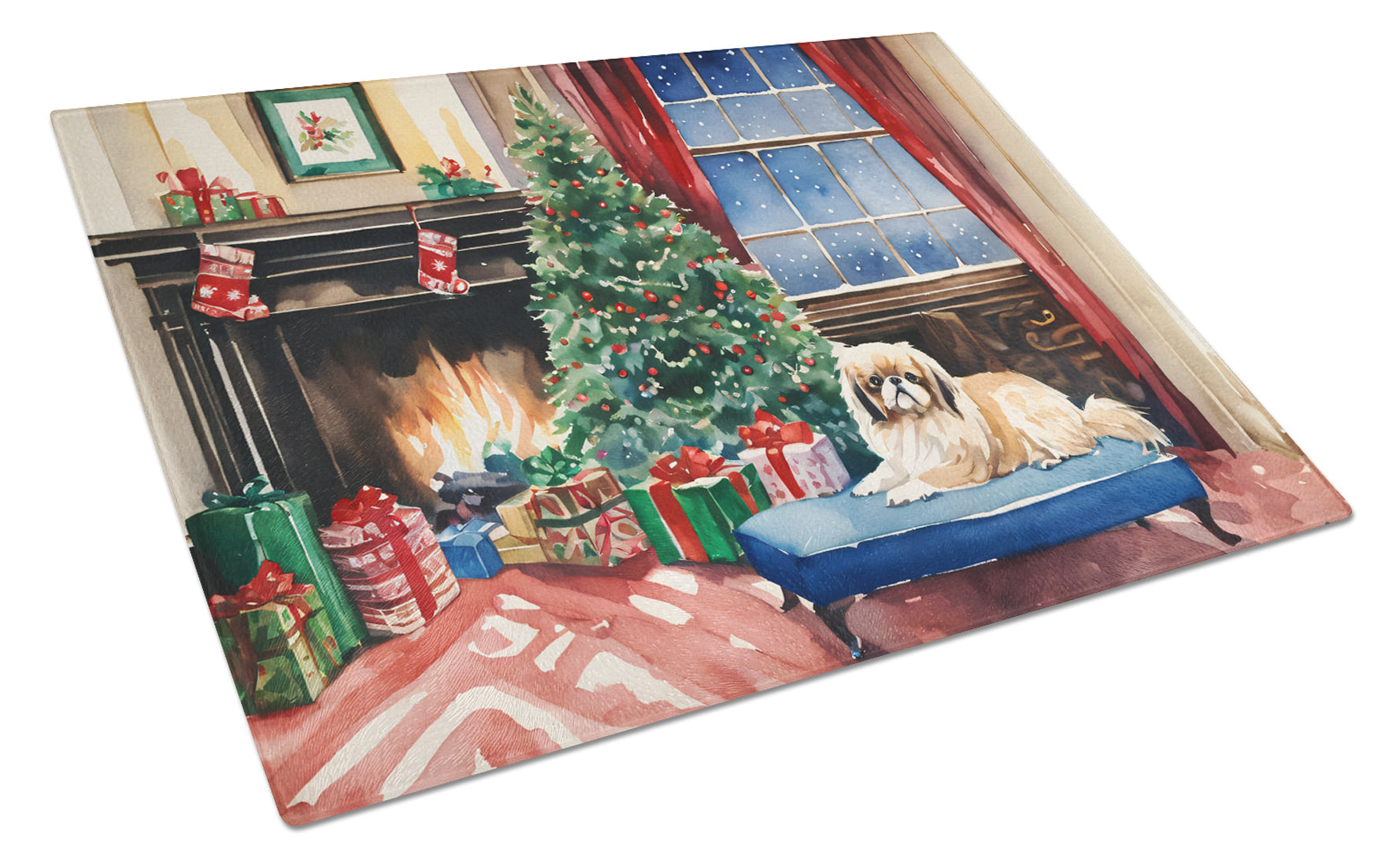 Pekingese Cozy Christmas Cutting Board Tempered Glass Kitchen Cutting Surface, Heat Resistant Chopping, Non-Slip Feet, Food Prep & Serving
