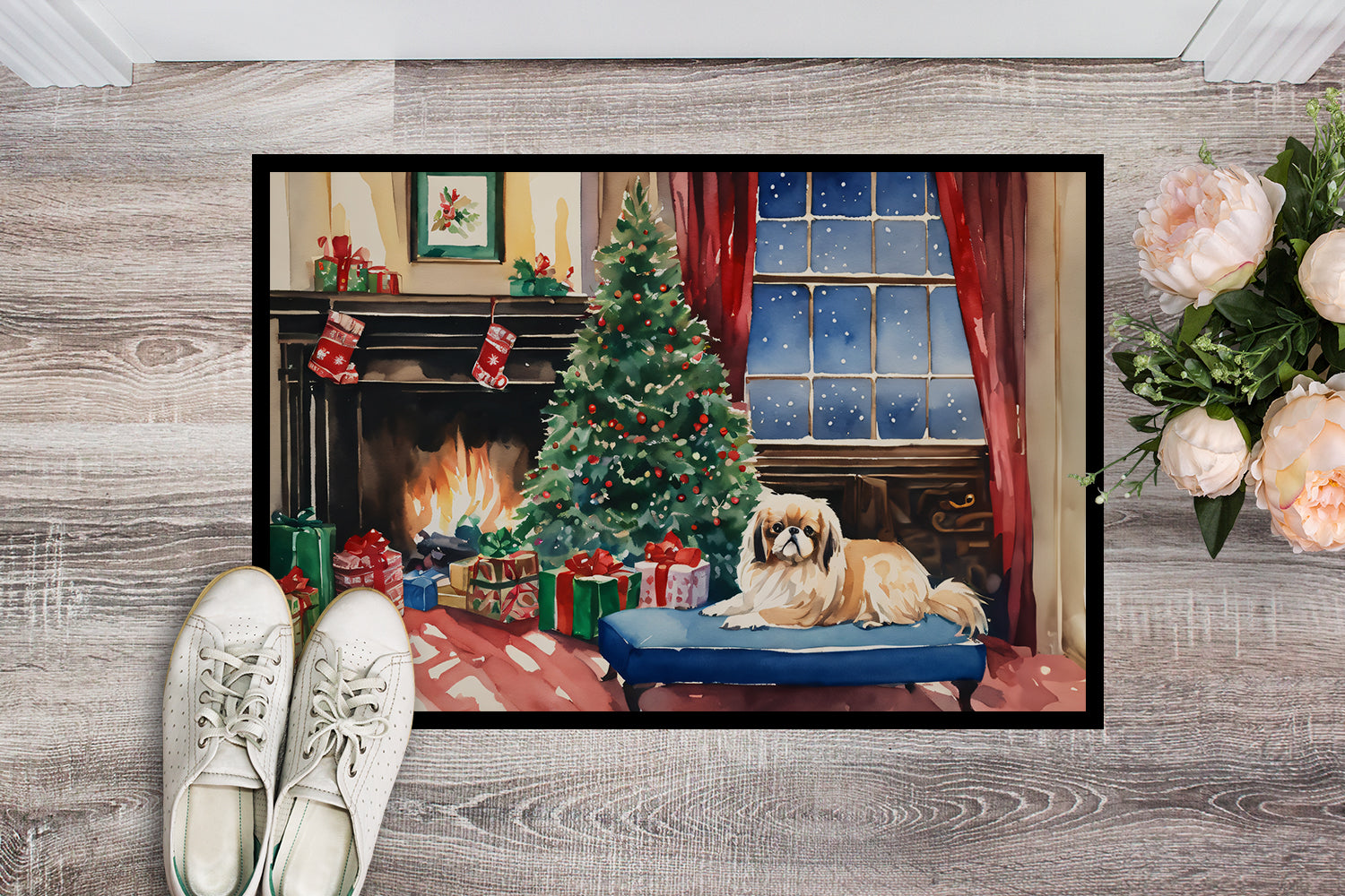 Pekingese Cozy Christmas Doormat Indoor Outdoor 18H X 27W Front Door Mat Rugs for Entryway, Non Slip Washable