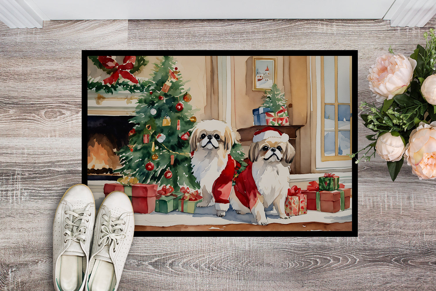 Pekingese Cozy Christmas Doormat Indoor Outdoor 24H X 36W Front Door Mat Rugs for Entryway, Non Slip Washable Low Pile,