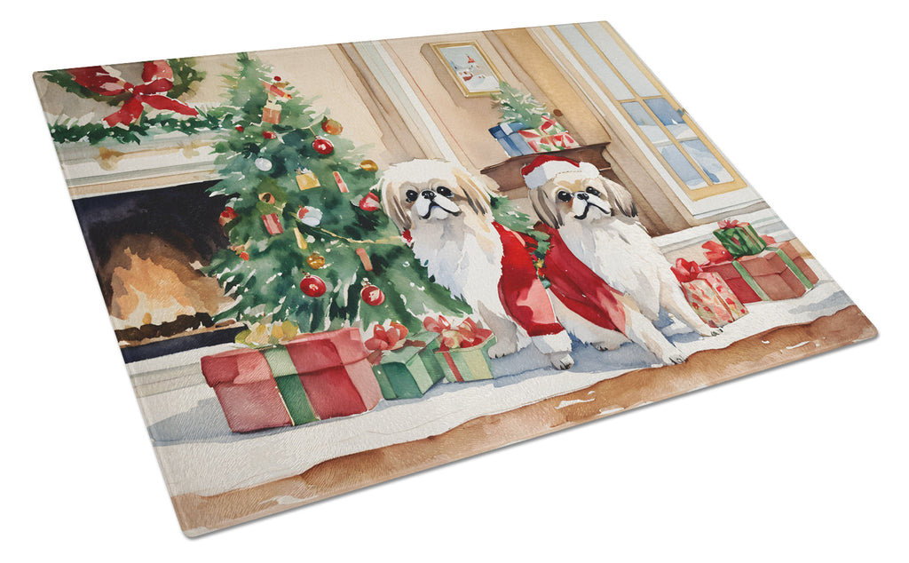 Pekingese Cozy Christmas Cutting Board Tempered Glass Kitchen Cutting Surface, Heat Resistant Chopping, Non-Slip Feet, Food Prep & Serving