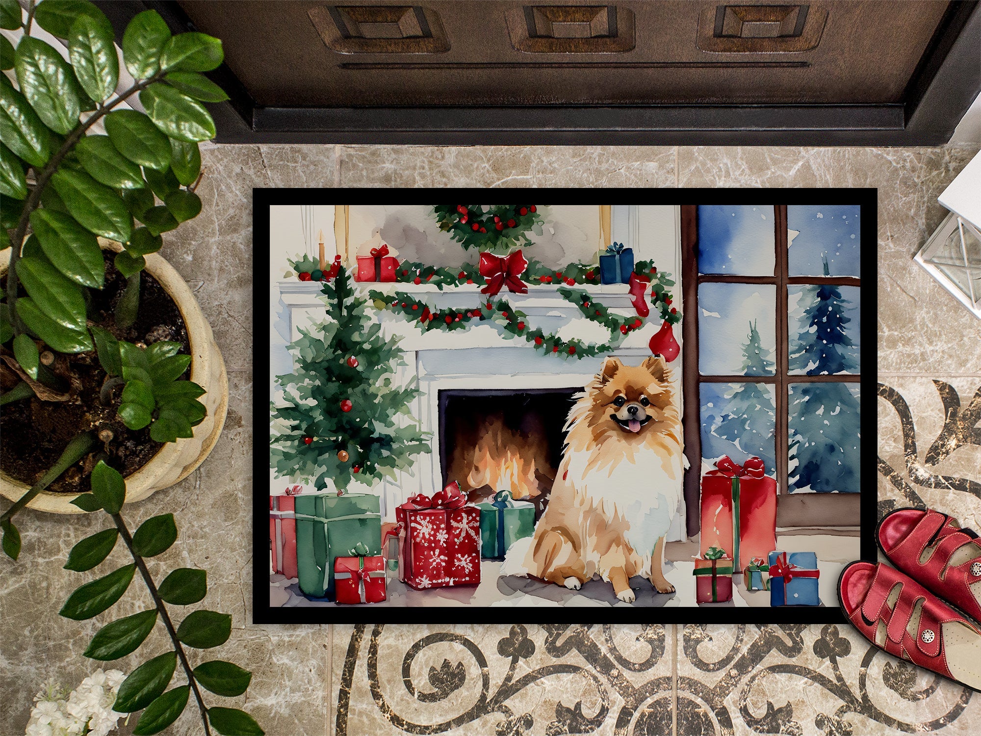 Pomeranian Cozy Christmas Doormat Indoor Outdoor 24H X 36W Front Door Mat Rugs for Entryway, Non Slip Washable Low Pile,
