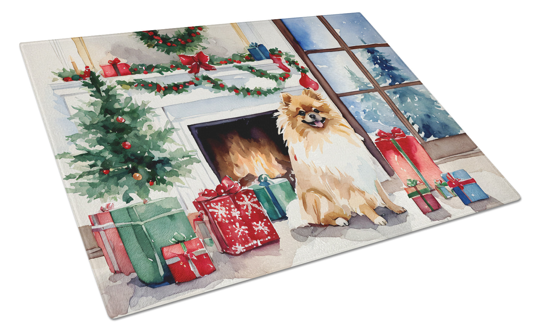 Pomeranian Cozy Christmas Cutting Board Tempered Glass Kitchen Cutting Surface, Heat Resistant Chopping, Non-Slip Feet, Food Prep & Serving