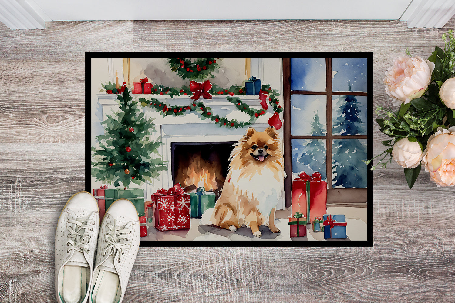 Pomeranian Cozy Christmas Doormat Indoor Outdoor 18H X 27W Front Door Mat Rugs for Entryway, Non Slip Washable