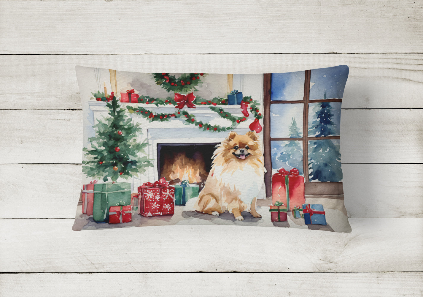 Pomeranian Cozy Christmas Decorative Throw Pillow 12x16 Indoor Outdoor Accent Cushion, Fabric Cover with Insert for Sofa, Bed, Porch & Living Room