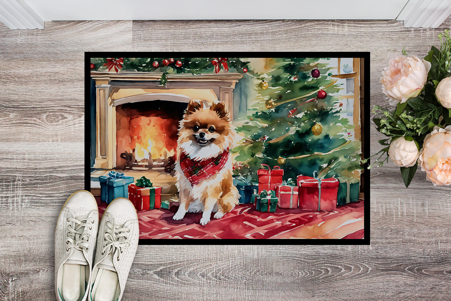 Pomeranian Cozy Christmas Doormat Indoor Outdoor 24H X 36W Front Door Mat Rugs for Entryway, Non Slip Washable Low Pile,