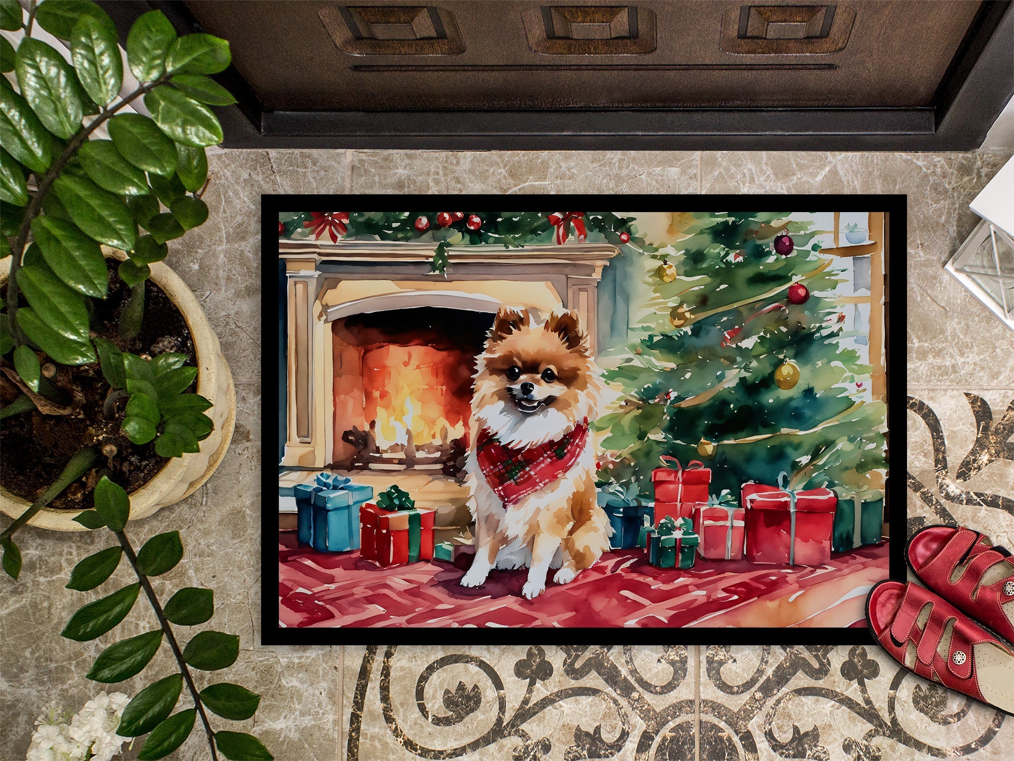 Pomeranian Cozy Christmas Doormat Indoor Outdoor 24H X 36W Front Door Mat Rugs for Entryway, Non Slip Washable Low Pile,