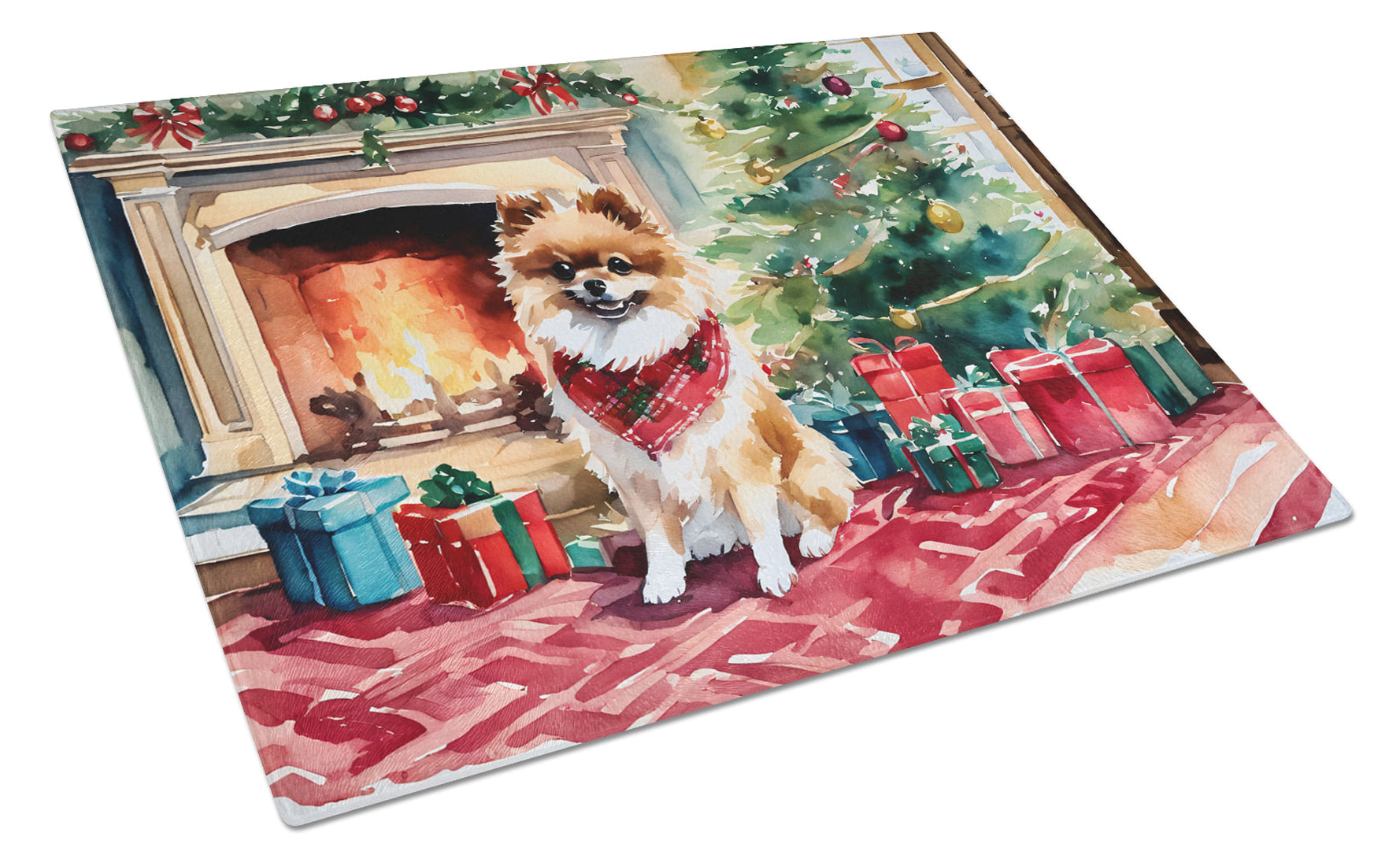 Pomeranian Cozy Christmas Cutting Board Tempered Glass Kitchen Cutting Surface, Heat Resistant Chopping, Non-Slip Feet, Food Prep & Serving