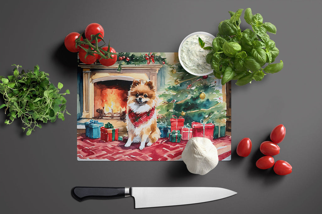 Pomeranian Cozy Christmas Cutting Board Tempered Glass Kitchen Cutting Surface, Heat Resistant Chopping, Non-Slip Feet, Food Prep & Serving