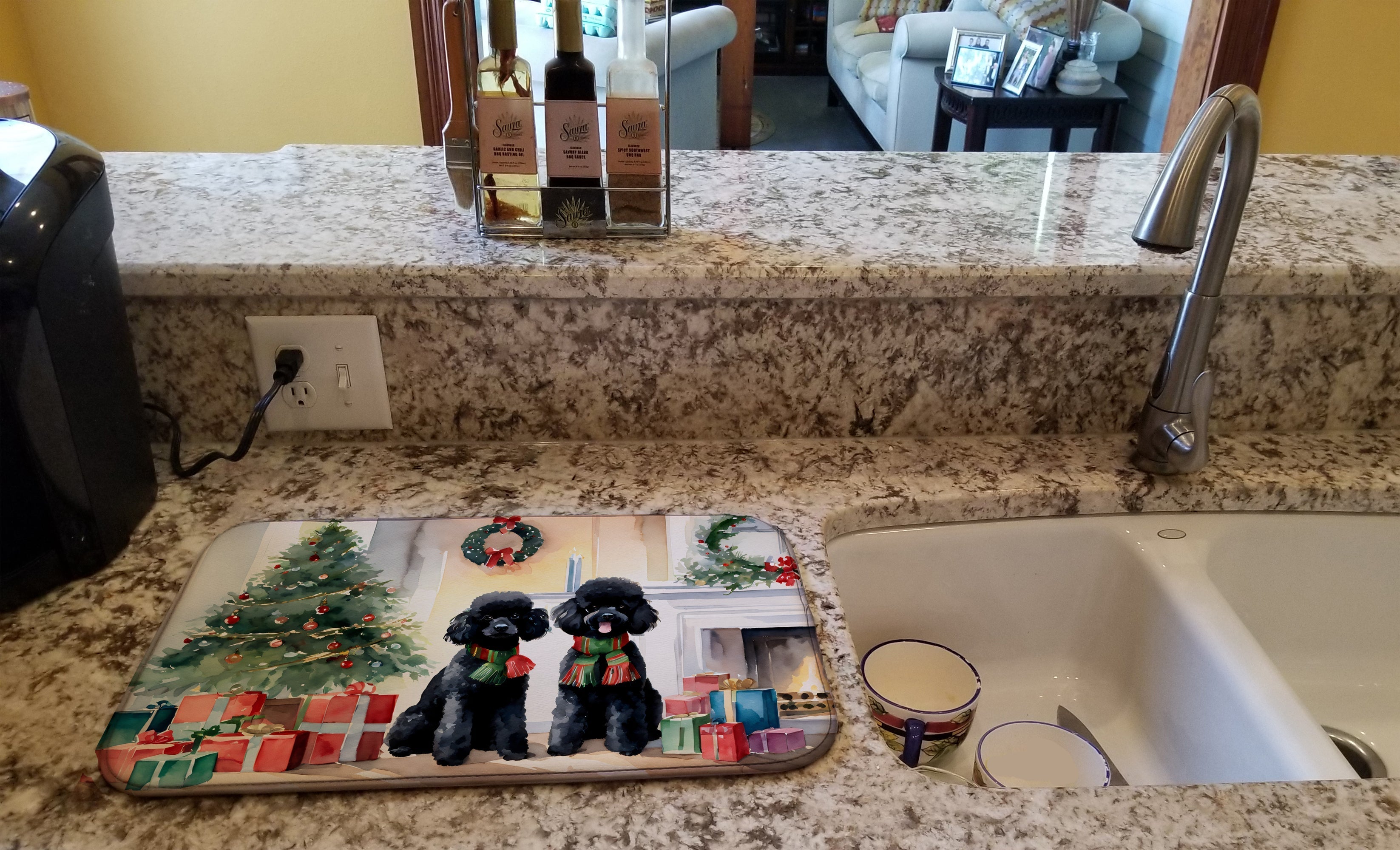 Poodle Cozy Christmas Dish Drying Mat Absorbent Dish Drying Mat Pad for Kitchen Counter Dish Drainer Mat for Countertop, 14 x 21", Multicolor