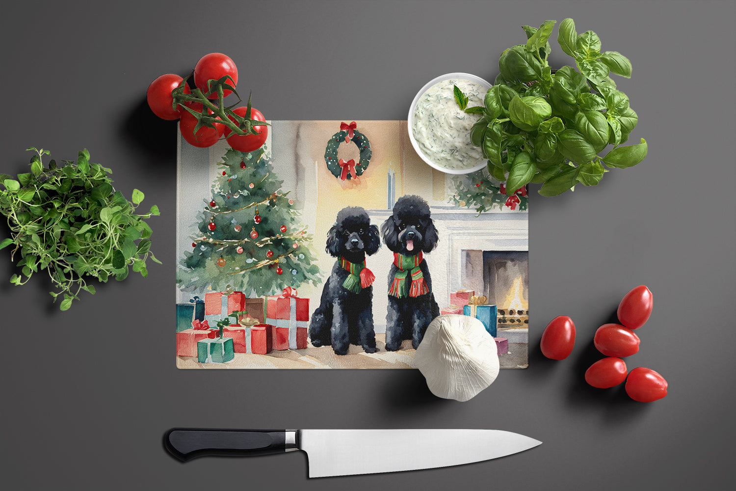 Poodle Cozy Christmas Cutting Board Tempered Glass Kitchen Cutting Surface, Heat Resistant Chopping, Non-Slip Feet, Food Prep & Serving