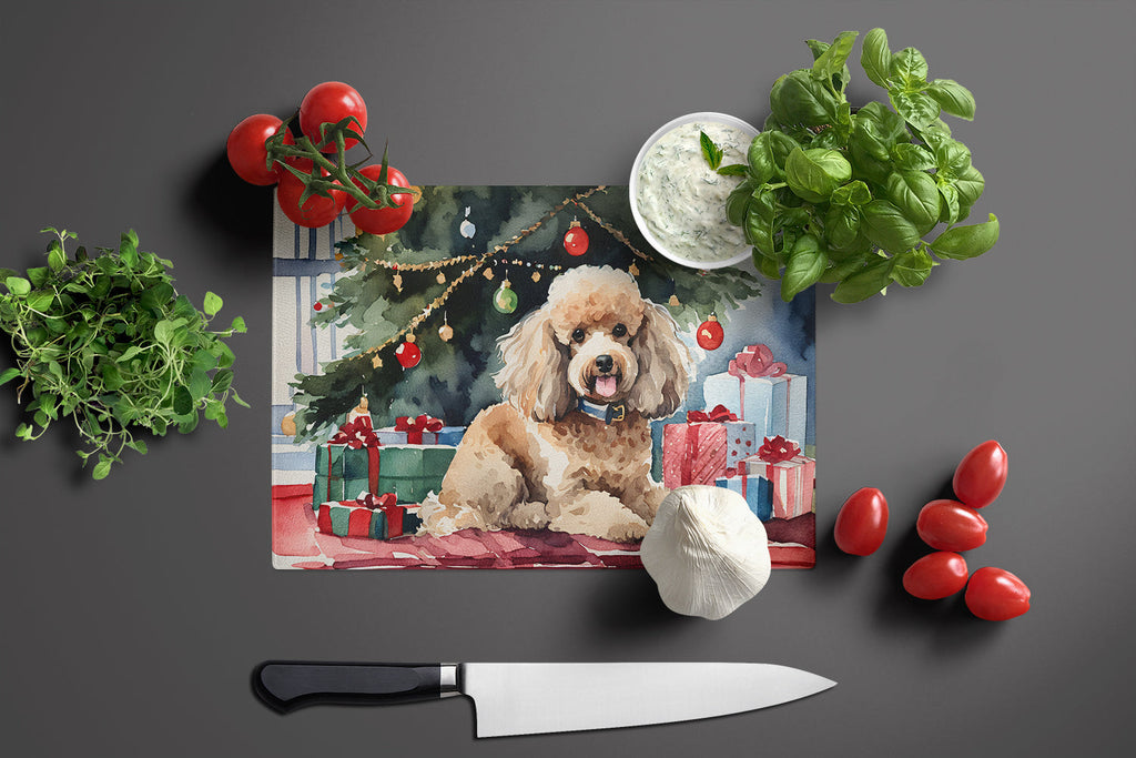 Poodle Cozy Christmas Cutting Board Tempered Glass Kitchen Cutting Surface, Heat Resistant Chopping, Non-Slip Feet, Food Prep & Serving