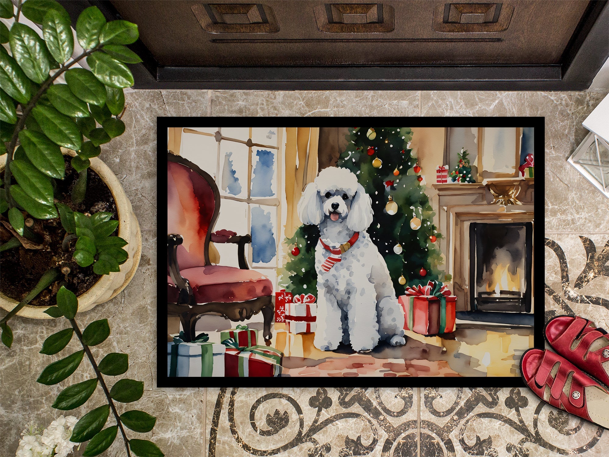 Poodle Cozy Christmas Doormat Indoor Outdoor 24H X 36W Front Door Mat Rugs for Entryway, Non Slip Washable Low Pile,