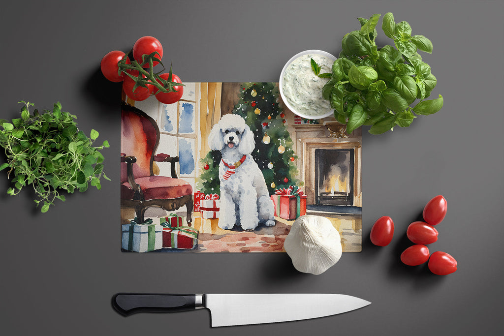 Poodle Cozy Christmas Cutting Board Tempered Glass Kitchen Cutting Surface, Heat Resistant Chopping, Non-Slip Feet, Food Prep & Serving