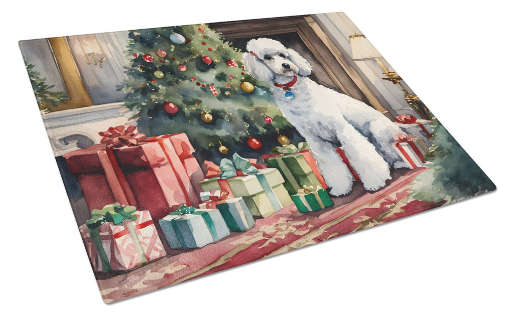 Poodle Cozy Christmas Cutting Board Tempered Glass Kitchen Cutting Surface, Heat Resistant Chopping, Non-Slip Feet, Food Prep & Serving
