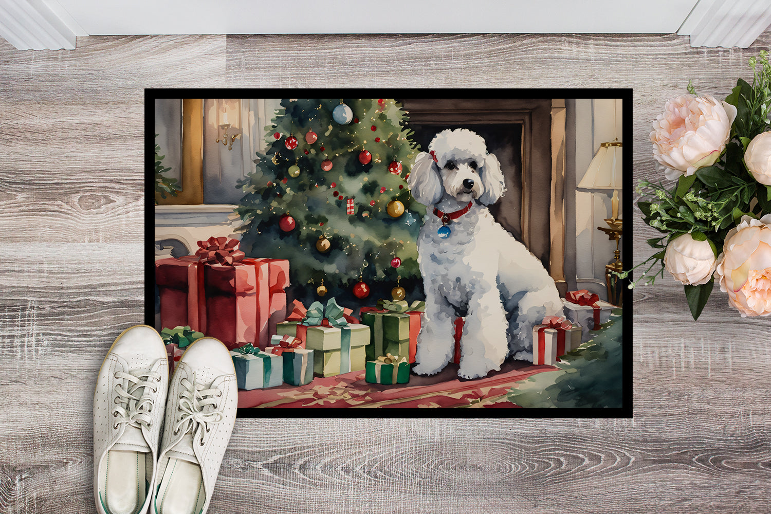 Poodle Cozy Christmas Doormat Indoor Outdoor 18H X 27W Front Door Mat Rugs for Entryway, Non Slip Washable