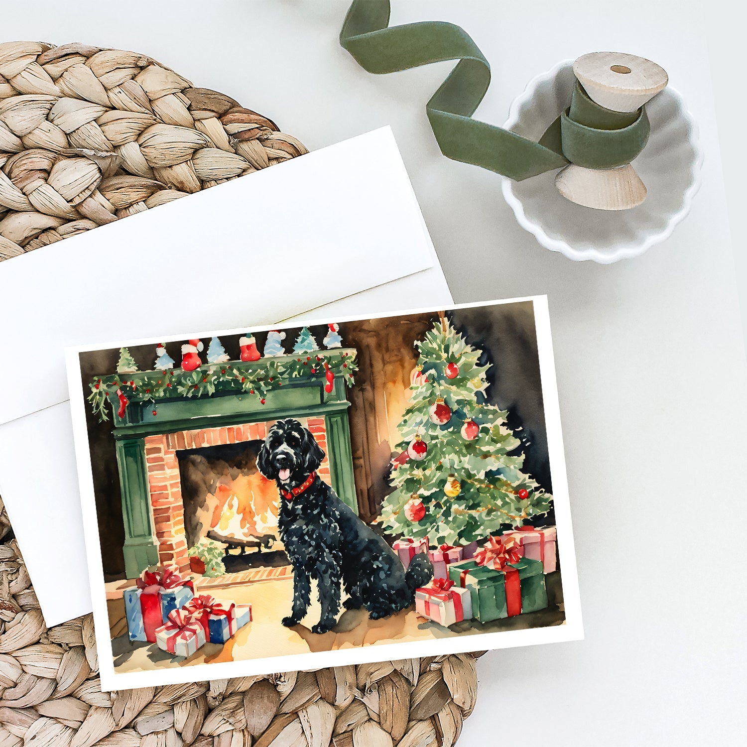 Portuguese Water Dog Cozy Christmas Greeting Cards Pack of 8 Blank Cards with Envelopes Whimsical A7 Size 5x7