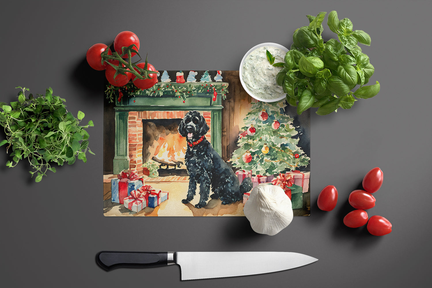 Portuguese Water Dog Cozy Christmas Cutting Board Tempered Glass Kitchen Cutting Surface, Heat Resistant Chopping, Non-Slip Feet, Food Prep & Serving
