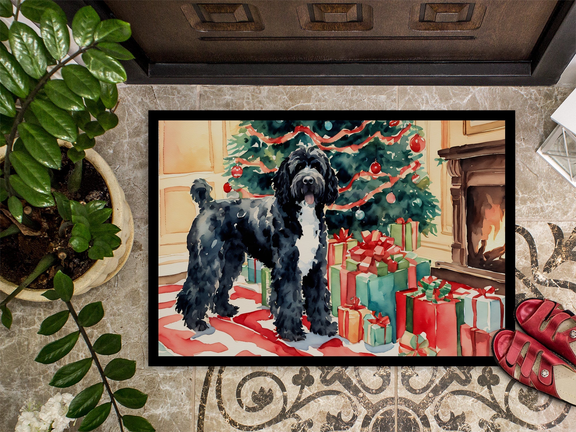 Portuguese Water Dog Cozy Christmas Doormat Indoor Outdoor 24H X 36W Front Door Mat Rugs for Entryway, Non Slip Washable Low Pile,