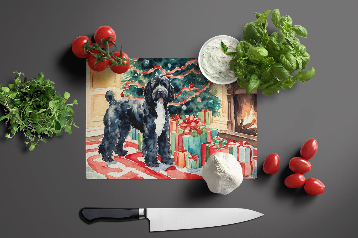 Portuguese Water Dog Cozy Christmas Cutting Board Tempered Glass Kitchen Cutting Surface, Heat Resistant Chopping, Non-Slip Feet, Food Prep & Serving