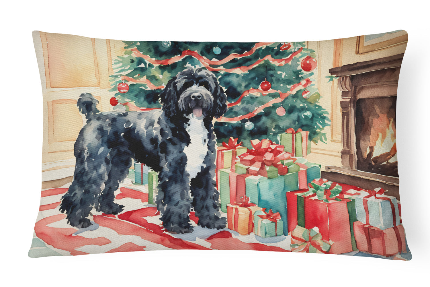 Portuguese Water Dog Cozy Christmas Decorative Throw Pillow 12x16 Indoor Outdoor Accent Cushion, Fabric Cover with Insert for Sofa, Bed, Porch & Living Room