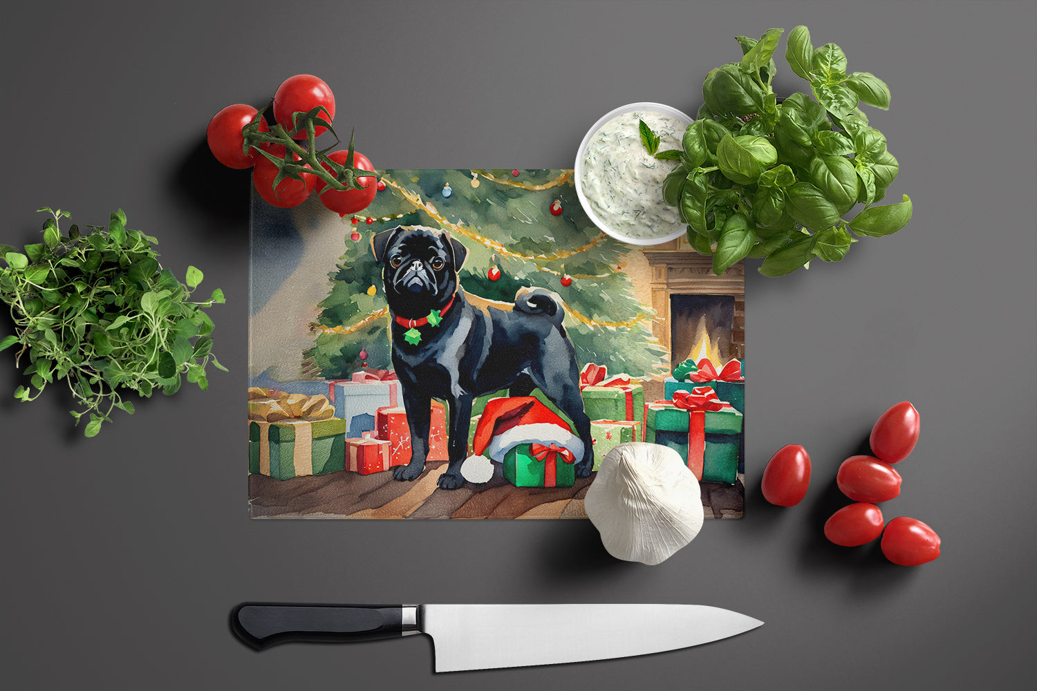 Pug Cozy Christmas Cutting Board Tempered Glass Kitchen Cutting Surface, Heat Resistant Chopping, Non-Slip Feet, Food Prep & Serving