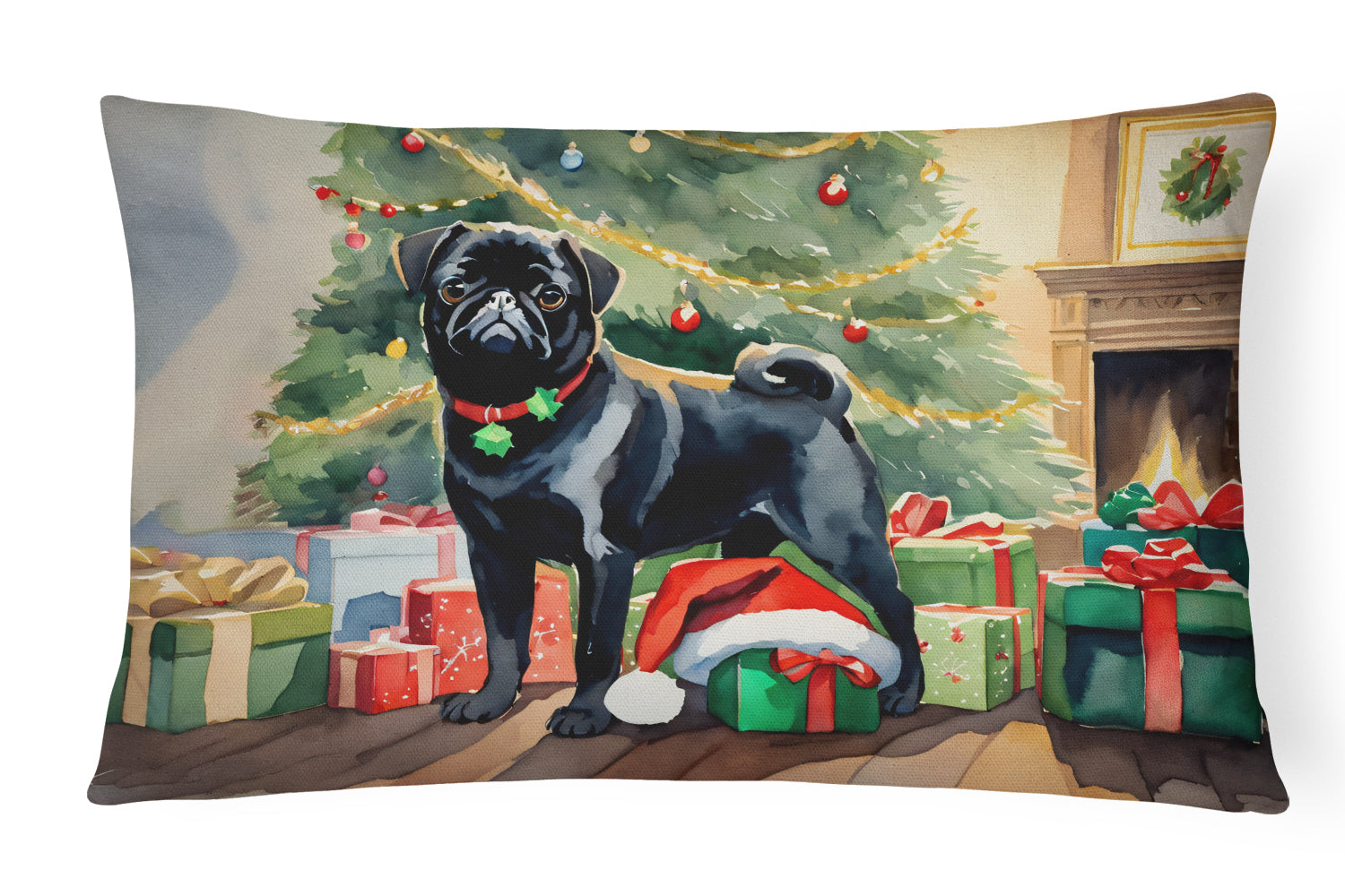 Pug Cozy Christmas Decorative Throw Pillow 12x16 Indoor Outdoor Accent Cushion, Fabric Cover with Insert for Sofa, Bed, Porch & Living Room