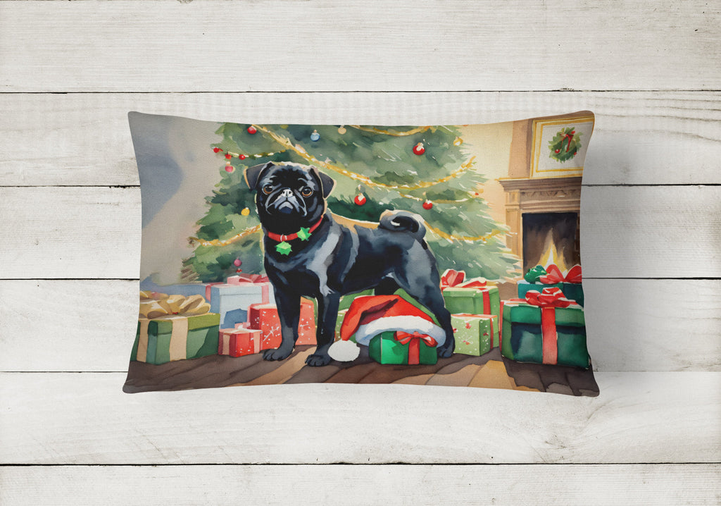 Pug Cozy Christmas Decorative Throw Pillow 12x16 Indoor Outdoor Accent Cushion, Fabric Cover with Insert for Sofa, Bed, Porch & Living Room