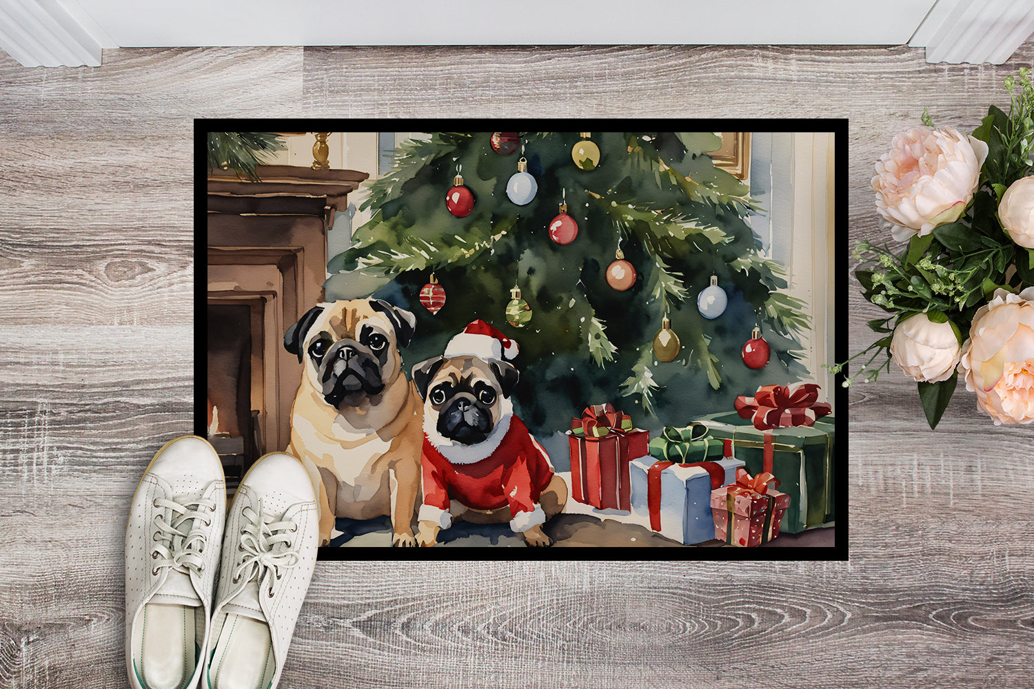 Pug Cozy Christmas Doormat Indoor Outdoor 24H X 36W Front Door Mat Rugs for Entryway, Non Slip Washable Low Pile,