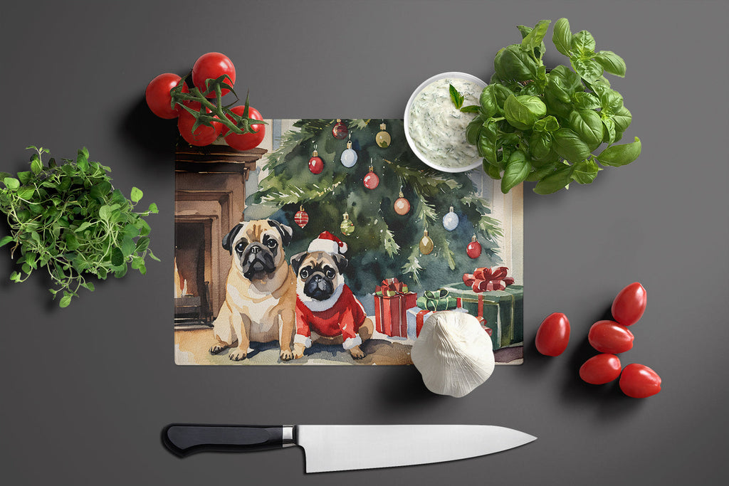 Pug Cozy Christmas Cutting Board Tempered Glass Kitchen Cutting Surface, Heat Resistant Chopping, Non-Slip Feet, Food Prep & Serving