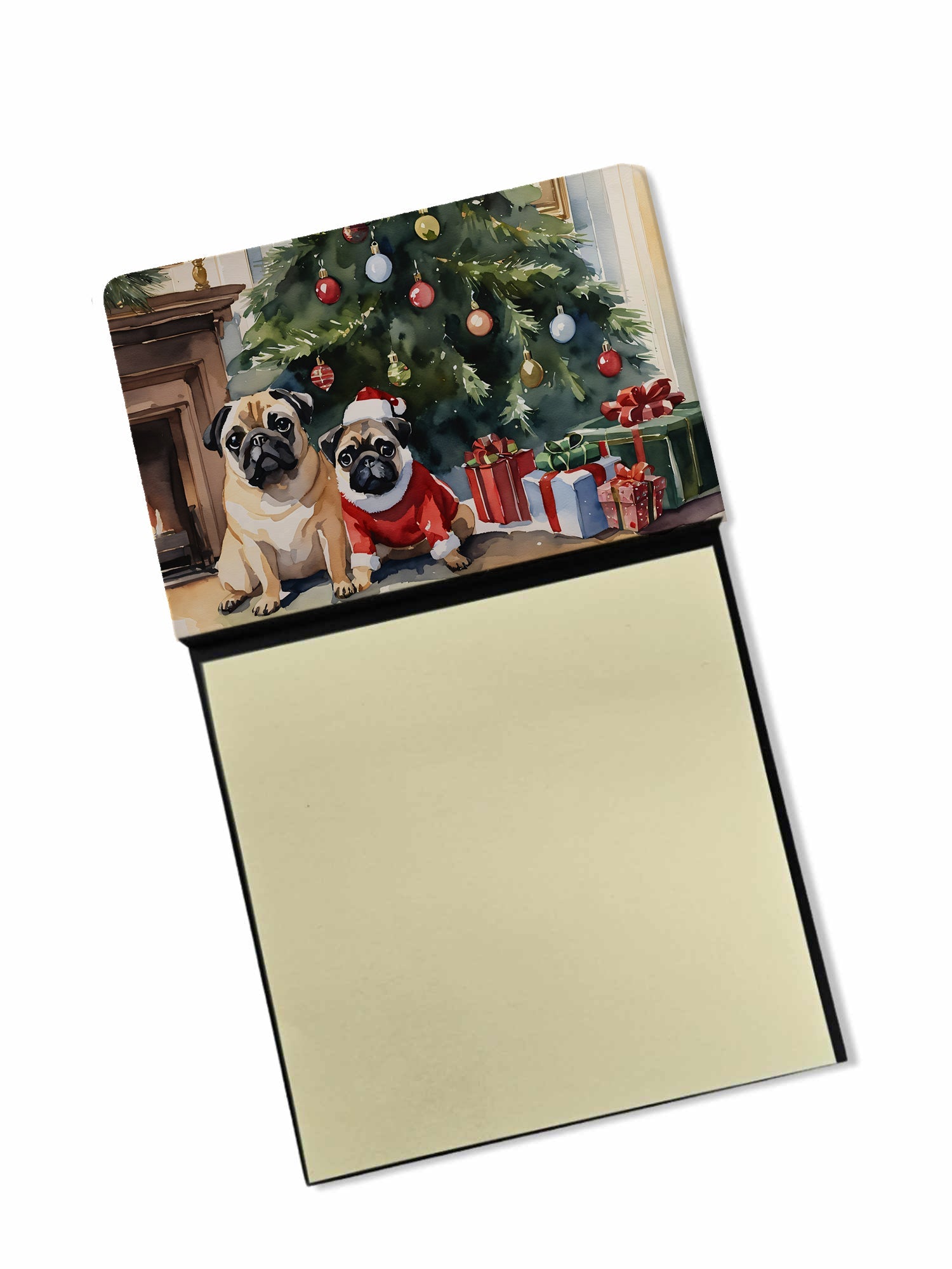 Pug Cozy Christmas Watercolor Sticky Note Holder Refillable Dispenser Desk Accessory 3x3 Pad Gift