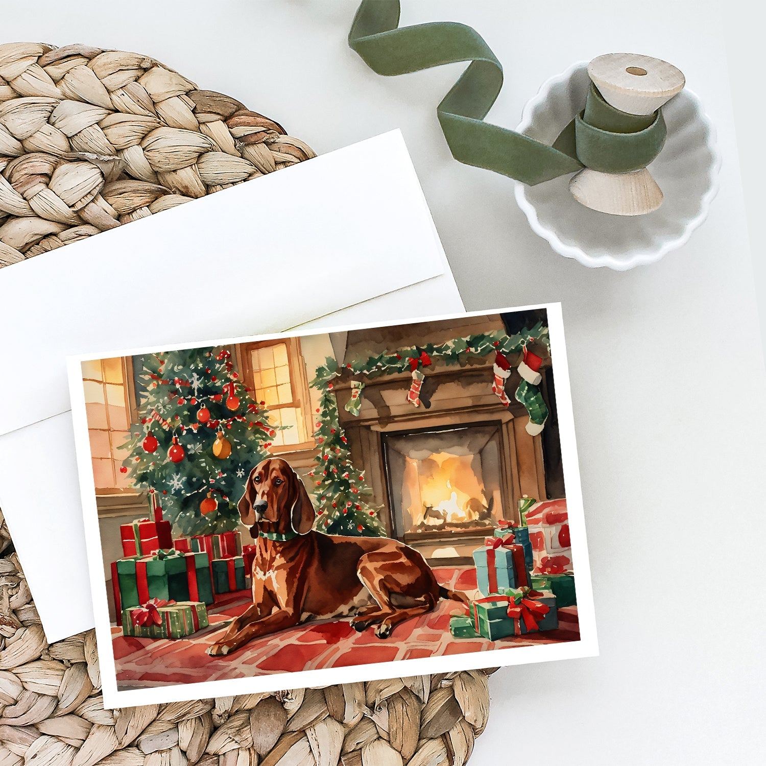 Redbone Coonhound Cozy Christmas Greeting Cards Pack of 8 Blank Cards with Envelopes Whimsical A7 Size 5x7