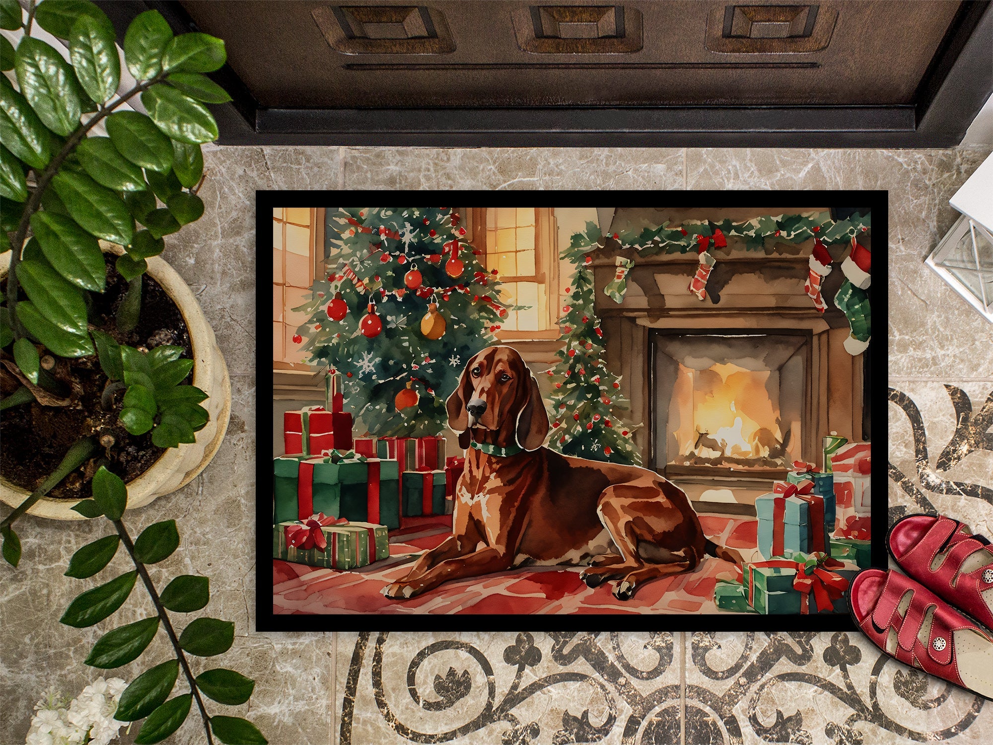Redbone Coonhound Cozy Christmas Doormat Indoor Outdoor 24H X 36W Front Door Mat Rugs for Entryway, Non Slip Washable Low Pile,