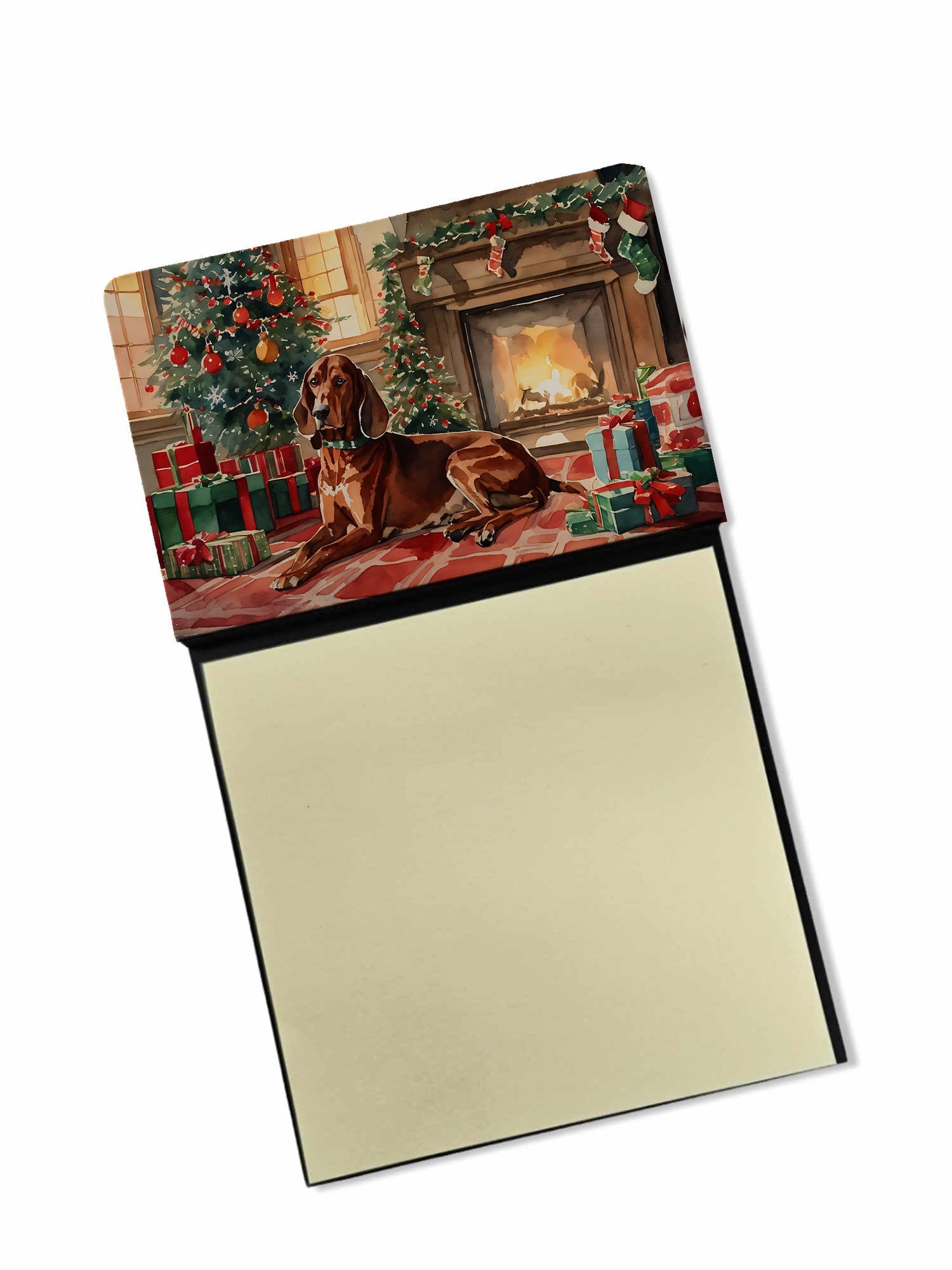 Redbone Coonhound Cozy Christmas Watercolor Sticky Note Holder Refillable Dispenser Desk Accessory 3x3 Pad Gift