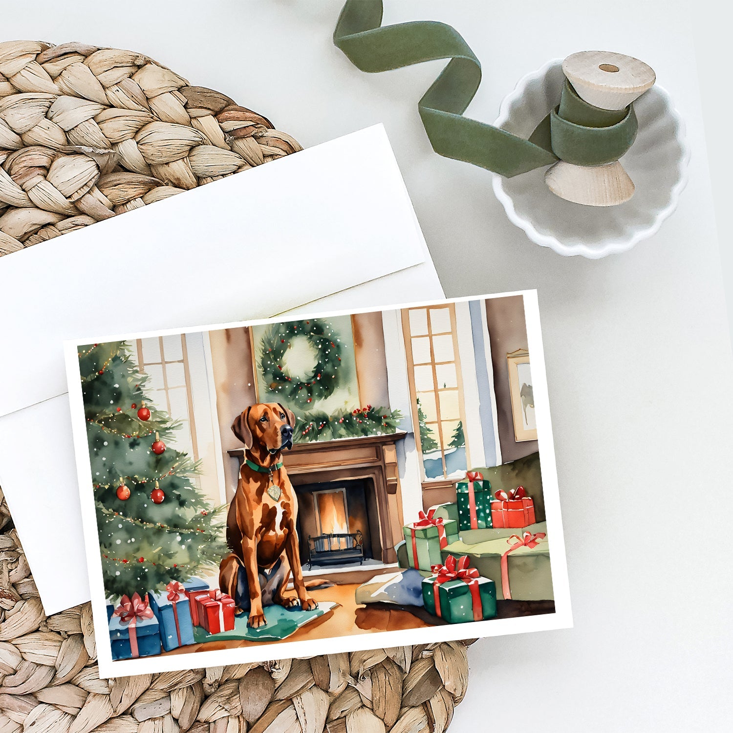 Rhodesian Ridgeback Cozy Christmas Greeting Cards Pack of 8 Blank Cards with Envelopes Whimsical A7 Size 5x7