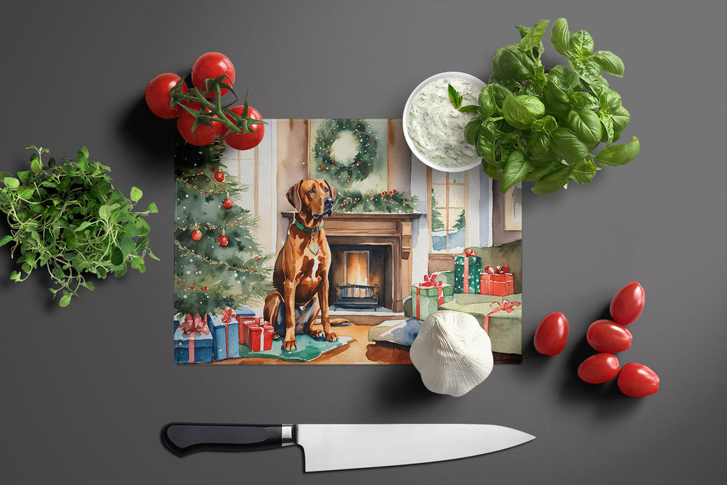 Rhodesian Ridgeback Cozy Christmas Cutting Board Tempered Glass Kitchen Cutting Surface, Heat Resistant Chopping, Non-Slip Feet, Food Prep & Serving