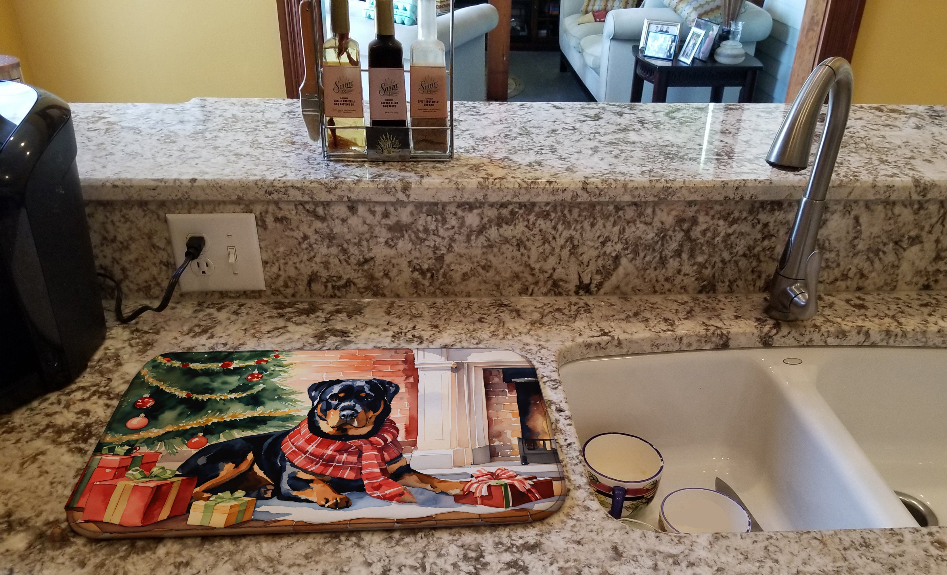 Rottweiler Cozy Christmas Dish Drying Mat Absorbent Dish Drying Mat Pad for Kitchen Counter Dish Drainer Mat for Countertop, 14 x 21", Multicolor