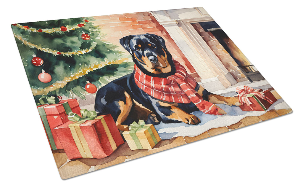 Rottweiler Cozy Christmas Cutting Board Tempered Glass Kitchen Cutting Surface, Heat Resistant Chopping, Non-Slip Feet, Food Prep & Serving