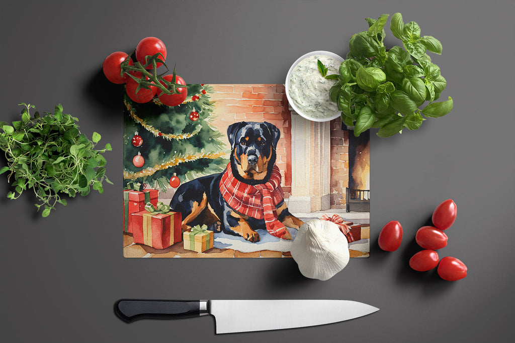 Rottweiler Cozy Christmas Cutting Board Tempered Glass Kitchen Cutting Surface, Heat Resistant Chopping, Non-Slip Feet, Food Prep & Serving