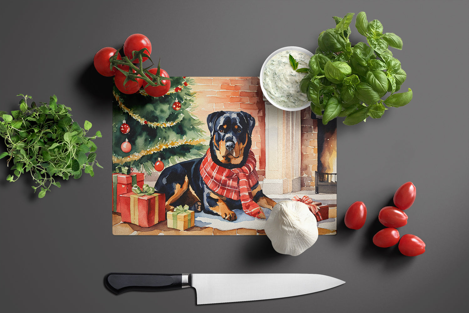 Rottweiler Cozy Christmas Cutting Board Tempered Glass Kitchen Cutting Surface, Heat Resistant Chopping, Non-Slip Feet, Food Prep & Serving