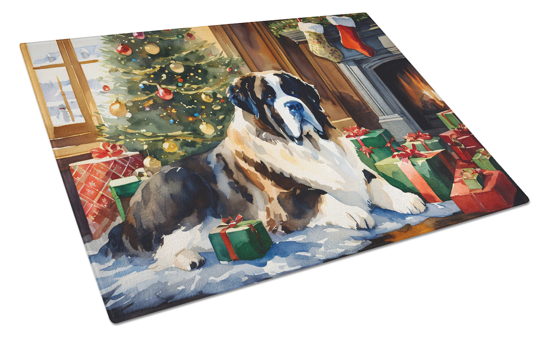Saint Bernard Cozy Christmas Cutting Board Tempered Glass Kitchen Cutting Surface, Heat Resistant Chopping, Non-Slip Feet, Food Prep & Serving