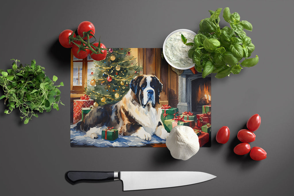 Saint Bernard Cozy Christmas Cutting Board Tempered Glass Kitchen Cutting Surface, Heat Resistant Chopping, Non-Slip Feet, Food Prep & Serving