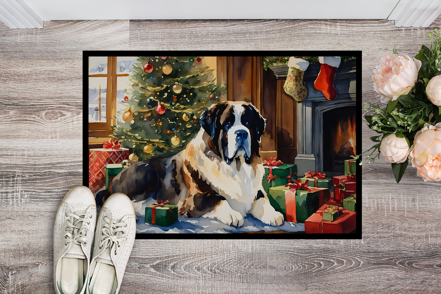 Saint Bernard Cozy Christmas Doormat Indoor Outdoor 18H X 27W Front Door Mat Rugs for Entryway, Non Slip Washable