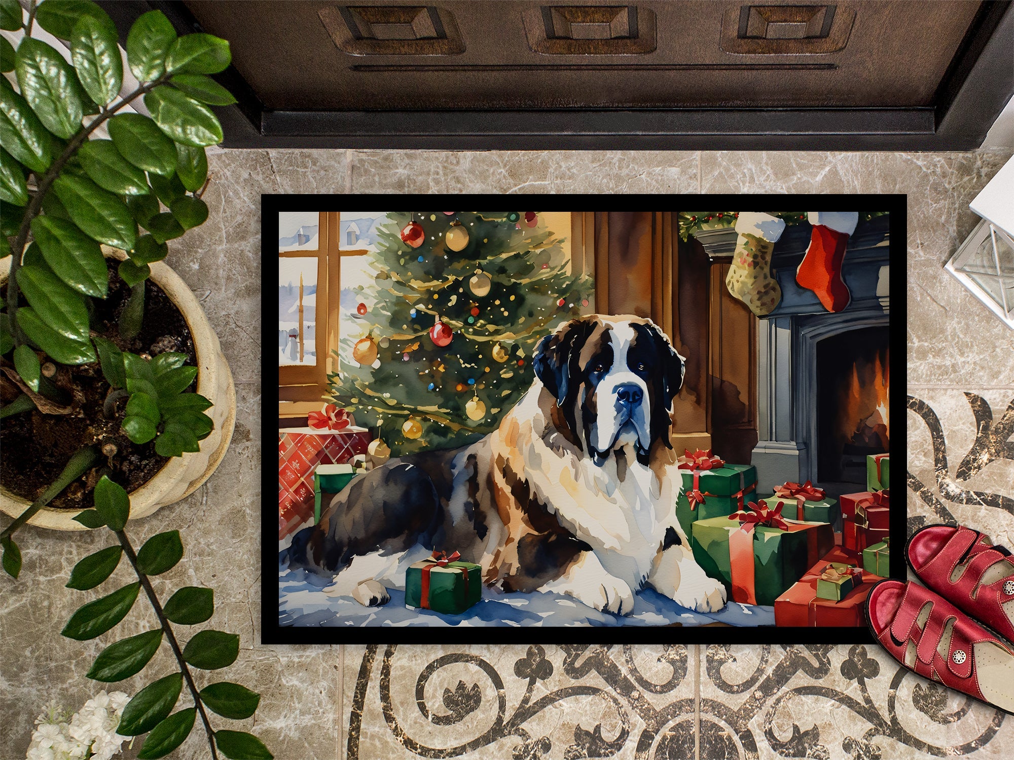 Saint Bernard Cozy Christmas Doormat Indoor Outdoor 18H X 27W Front Door Mat Rugs for Entryway, Non Slip Washable