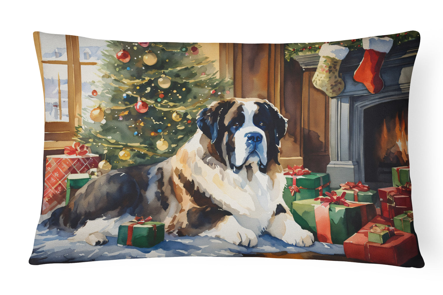 Saint Bernard Cozy Christmas Decorative Throw Pillow 12x16 Indoor Outdoor Accent Cushion, Fabric Cover with Insert for Sofa, Bed, Porch & Living Room