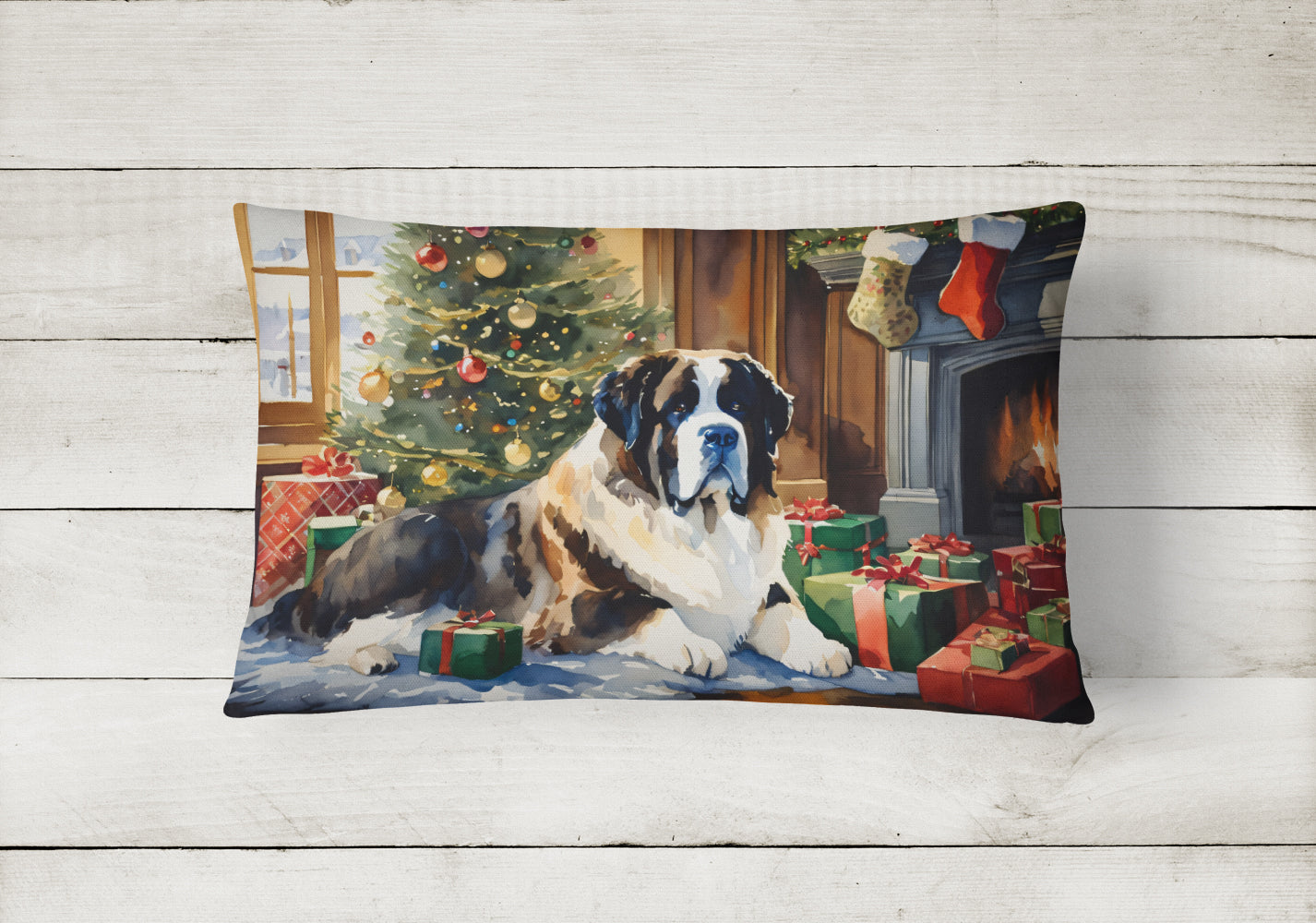 Saint Bernard Cozy Christmas Decorative Throw Pillow 12x16 Indoor Outdoor Accent Cushion, Fabric Cover with Insert for Sofa, Bed, Porch & Living Room